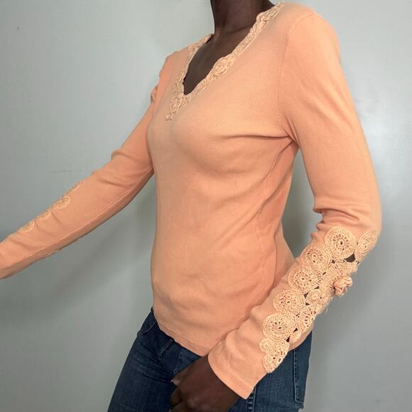 VINTAGE | Y2K Together Boho Crochet Detail Peach Cotton Long Sleeve Top - Picture 2 of 6